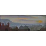 Modern acrylic sunrise over rooftops, monogrammed TW, lower left,