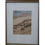 A Japanese hand coloured print of Mount Fuji by Hokusai, 32 x 53cm, together with two prints.