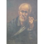 Oil on canvas of man with pipe, initialled MAN lower left,