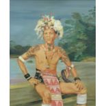 Stan Cotterell acrylic on board, tribal man with river beyond, possibly Borneo, signed lower right,