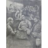 Charcoal on paper of interior of a busy pub,