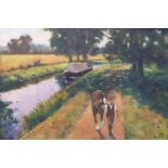 A J Avery oil on canvas of a man and horse pulling a narrowboat along a rural canal,