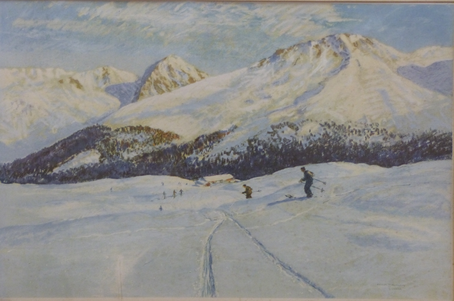 Arthur Burgess signed print skiers in an Alpine landscape, 36 x 54cm,