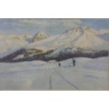 Arthur Burgess signed print skiers in an Alpine landscape, 36 x 54cm,