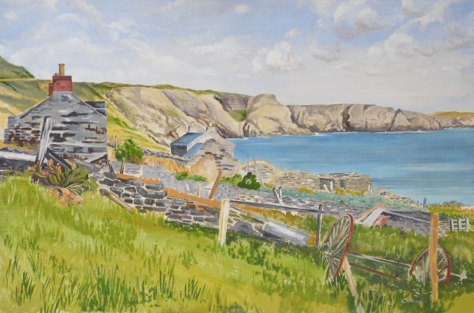 Stan Cotterell acrylic on board possibly Shetland coastal landscape, 50 x 76cm,