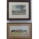 Two hunting / shooting prints and a signed Patrick A Oxenham limited print 465/500 of mares and