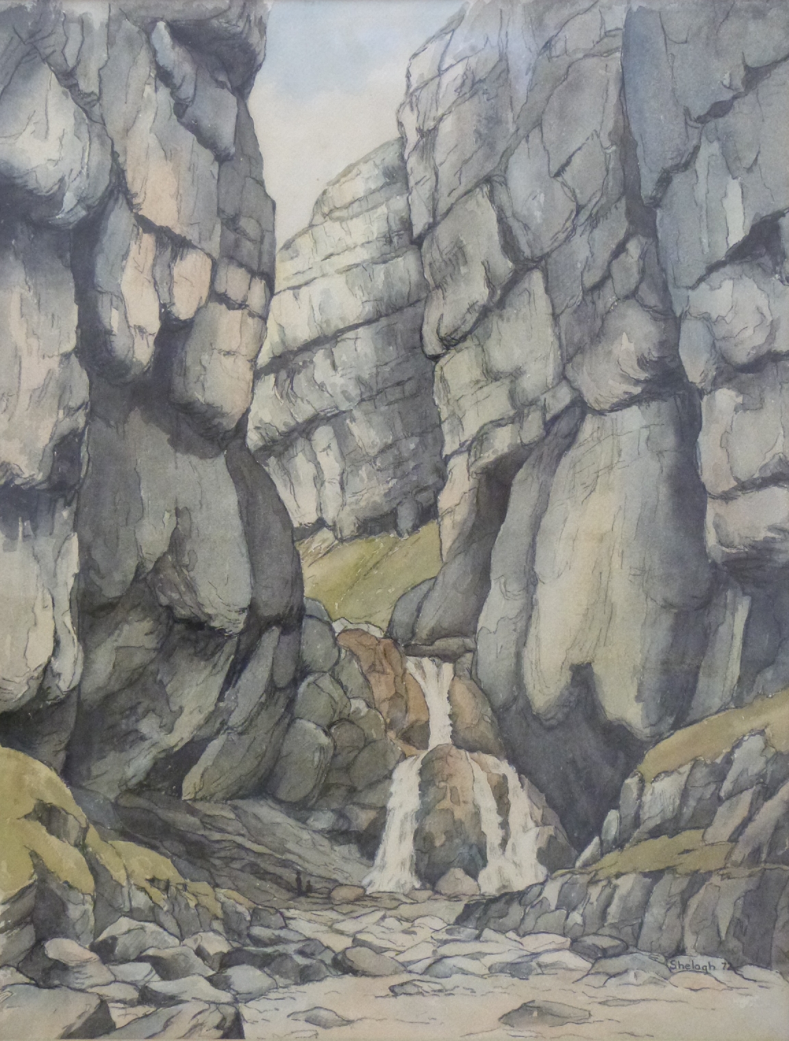 Watercolour 'The Waterfall, Gardale Scar', signed Shelagh and dated '72 lower right,
