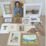 A quantity of etchings and prints including R E Roe harbour scene, W H Simon,