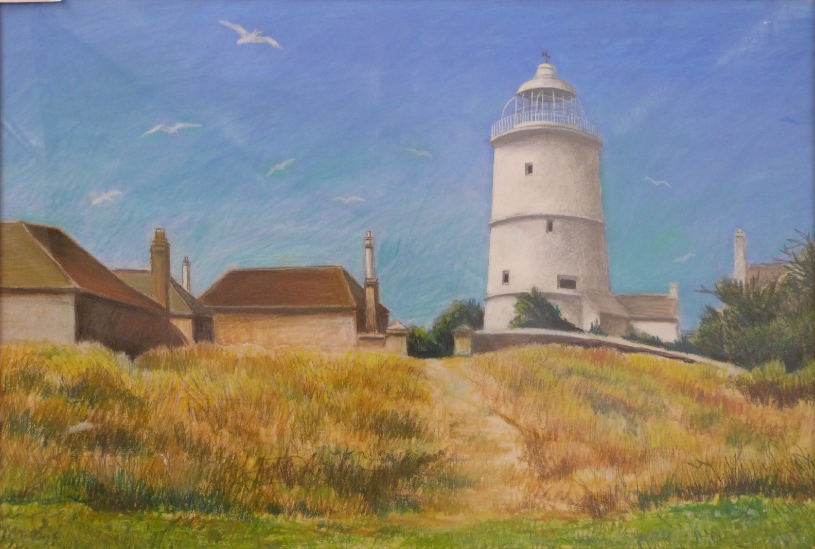 Cecil Riley (1917-2015) pastel lighthouse and cottages, signed and dated '96 lower left,