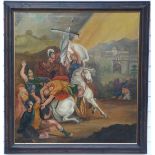 Oil on canvas of Roman soldiers, horsemen and castle beyond,