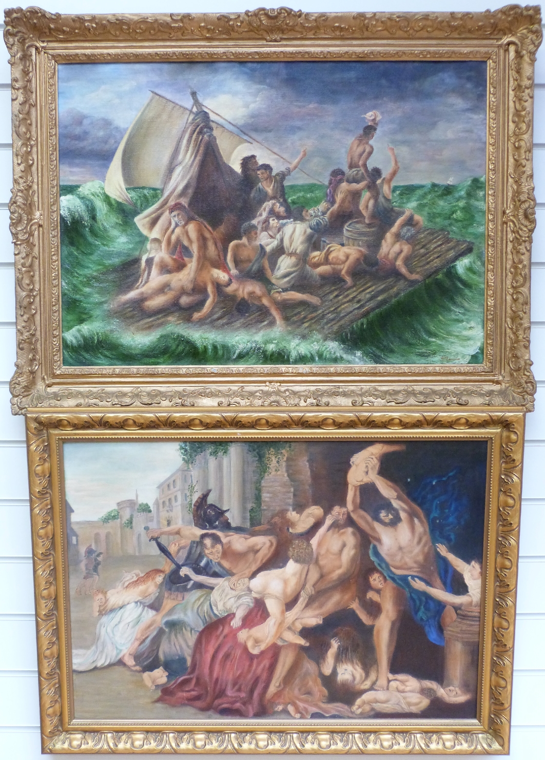 Two classical style oil on canvas, one titled "Slaughter of the Innocents",