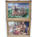 Two classical style oil on canvas, one titled "Slaughter of the Innocents",