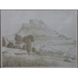 Print, castle with seaside village below,