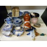 A collection of blue and white ceramics including large flared bowl together with Chinese ginger