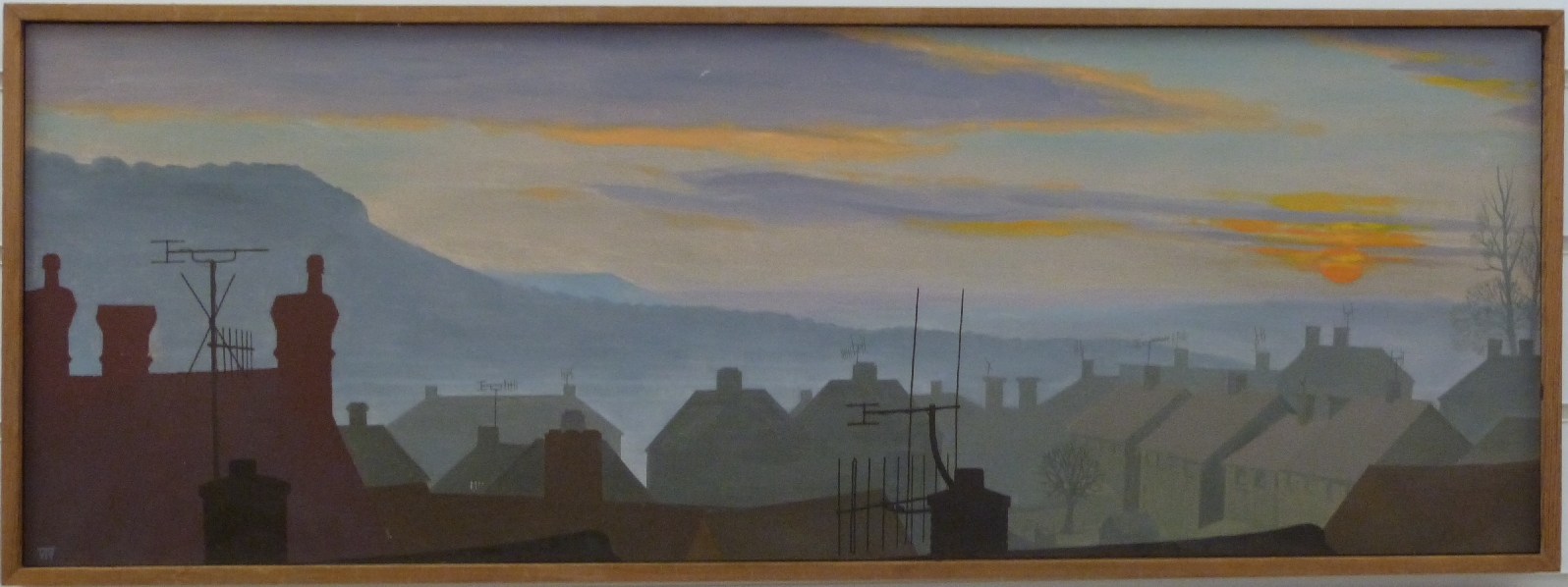 Modern acrylic sunrise over rooftops, monogrammed TW, lower left, - Image 2 of 3