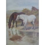 A 19thC/20thC oil on canvas of horses watering, in ornate pierced wooden frame,