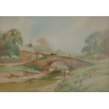 W Knox RBA Cornish scene, a punt passing under a bridge with cottage beyond, signed lower right,