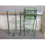 A chrome and glass three tier shelf unit, glass topped painted wrought iron jardiniere,