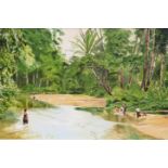 Stan Cotterell acrylic on board possibly Borneo jungle river scene with figures, signed lower right,