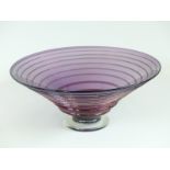 Bob Crooks First Glass amethyst glass pedestal bowl with applied spiralling decoration,