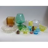 A collection of glass including pressed glass, paperweights, controlled bubble ashtray,