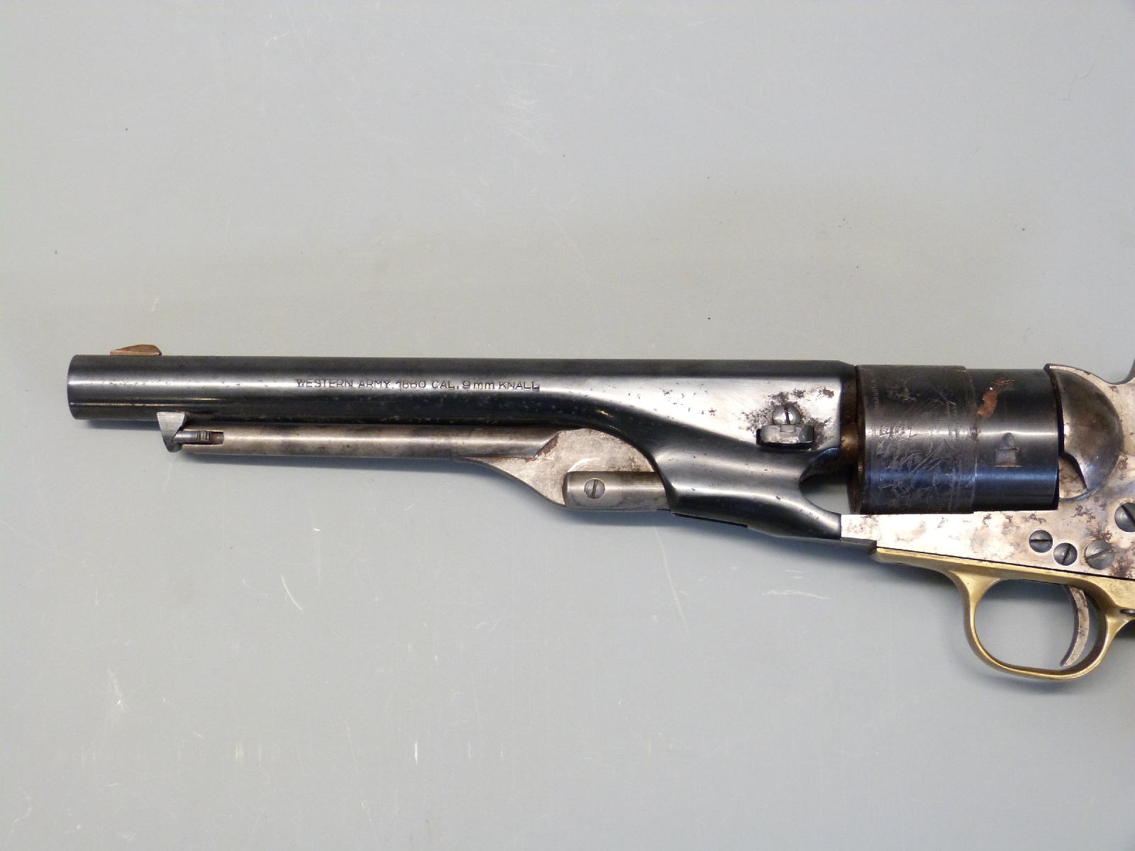Pietta Western Army 1860 style 9mm blank firing six shot revolver with engraved scenes of ships to - Image 6 of 6