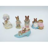 Five Beatrix Potter figures The Old Woman Who Lived in a Shoe, Hunca Munca, Johnny Town Mouse,