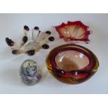 Uredale paperweight and three Murano style bowls
