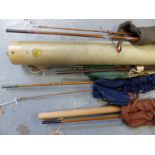 Vintage fishing rods including Hardy Glaskona, anonymous split cane and Greenheart fly rods,