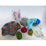 A collection of glass including Dartington midnight textured vase FT101, carnival glass,