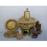 A quantity of Asian art style brassware with carved and stone items etc