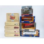 Nine Corgi diecast model buses and coaches including Public Transport, Commercials, WWI Centenary,