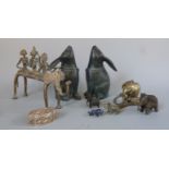 A pair of bronze stargazing rabbits together with various tribal and similar items