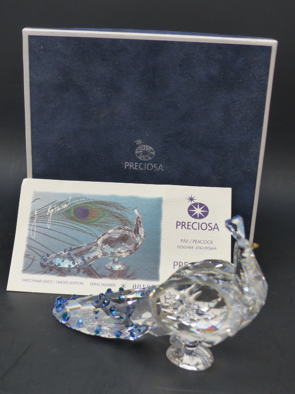 Preciosa glass Swarovski style model of a peacock, limited edition 001928,