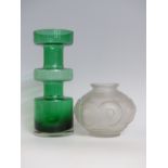 An Art Deco style frosted glass vase together with a vintage green Scandinavian style vase,