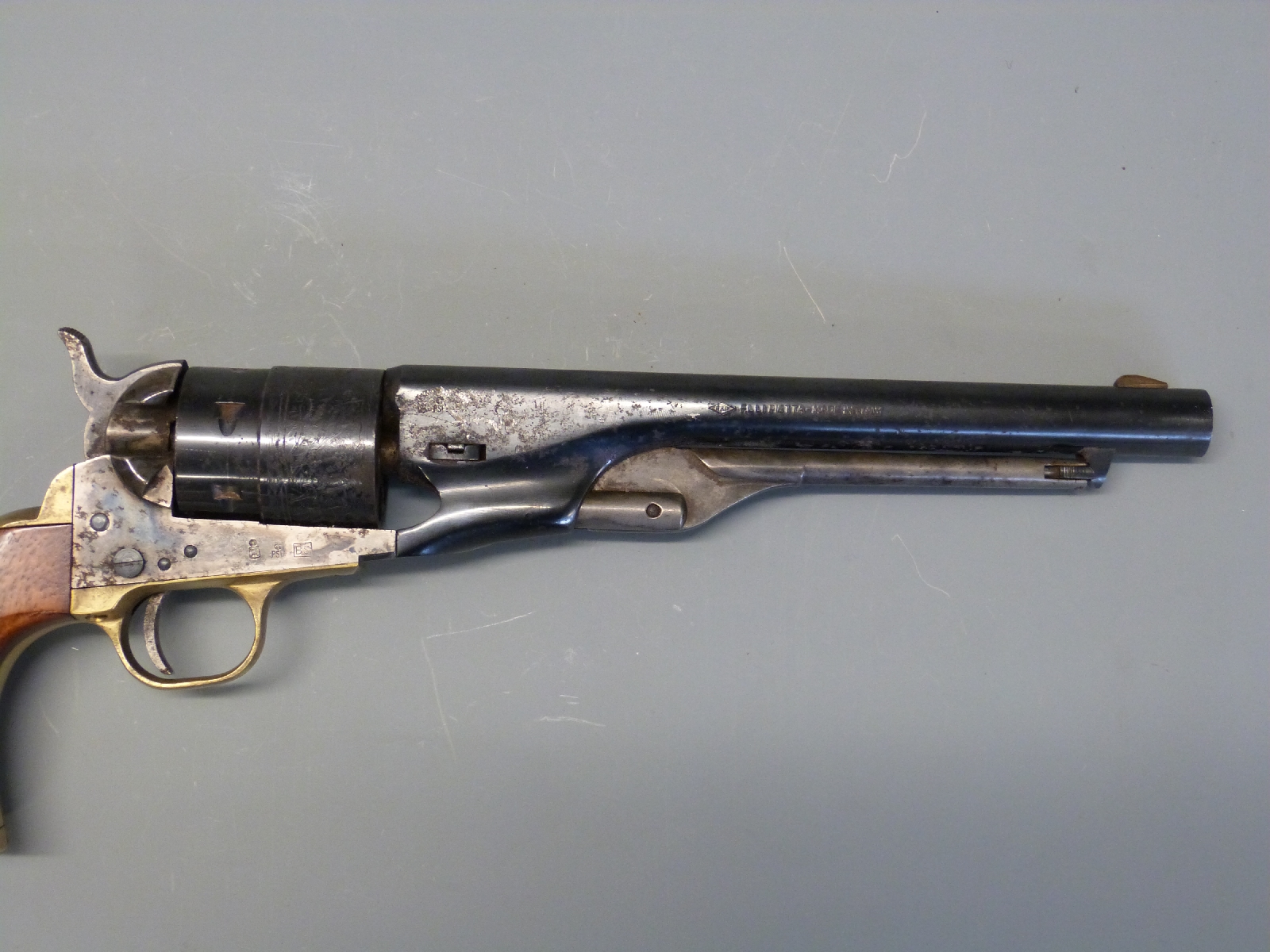 Pietta Western Army 1860 style 9mm blank firing six shot revolver with engraved scenes of ships to - Image 3 of 6