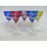 Five Tudor glass overlaid and cut wine glasses
