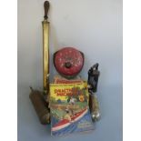 A fire bell, brass sprayer, two fire extinguishers, copies of Practical Mechanics, wooden train,