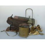 A quantity of metalware to include foot operated bellows, brass wall mounted candle holders,