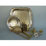 A hallmarked silver-mounted crumb brush, two plated trays,