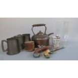A quantity of collectables to include 1897 Queen Victoria enamel beaker, copper kettle,
