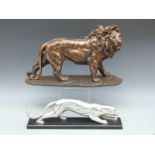 A chromed Art Deco style figure of a jaguar and a model of a lion, length 46cm,
