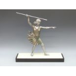An Art Deco style spelter / silvered figure of a classical figure throwing a spear, on onyx base,