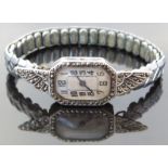 Hallmarked silver Art Deco style ladies wristwatch with blued hands, black Arabic numbers,