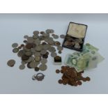 A hallmarked Scottish silver kilt or scarf pin, coins including threepences,