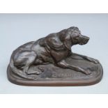 A bronze model of a setter type dog impressed E Fremiet, length 24cm,