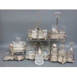 Six various silver plated cruet or bottle stands and glasses