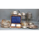 Silver plated salad servers, four dish frames,