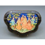 A shaped Russian lacquer box, width 18cm,