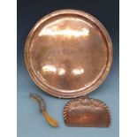 A large hand beaten copper tray and an Art Nouveau crumb tray and brush,